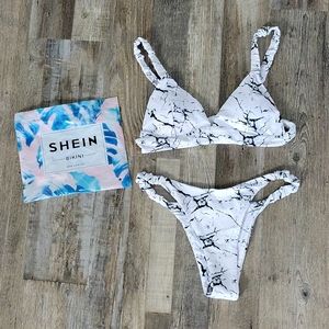 NWOT Shein Medium Bikini Swimsuit White Black Marble